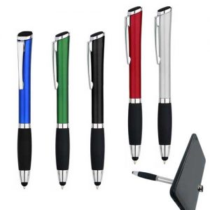 lapicero plastico con touch y clip metalico, punta de goma y porta celular.