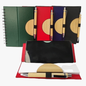 libreta ecologica porta celular en tapa dura y lapicero de bambu