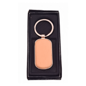 llavero metalico con madera modelo rectangular ovalado con estuche negro