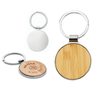 llavero metalico con madera modelo circular o redondo con logo personalizado