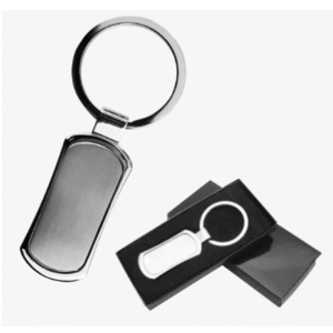 llavero metalico rectangular ovalado con estuche negro