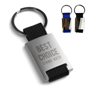 llavero metalico con tela de color negro y azul con logo personalizado