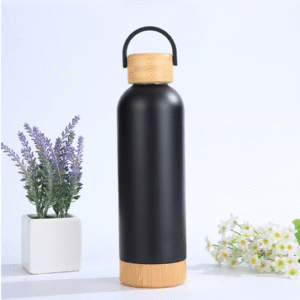 tomatodo de doble pared de acero inoxidable con tapa y base de bambu