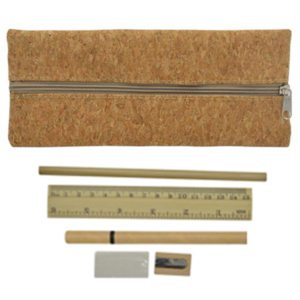 cartuchera de corcho con regla, lapiz, tajador, lapicero y borrador en allpublicidad.com.pe