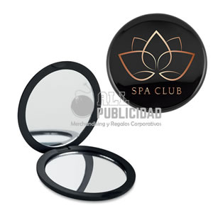 espejo doble de color negro con logo personalizado en allpublicidad