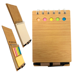 libreta ecologica de bambu con posit y lapicero en allpublicidad
