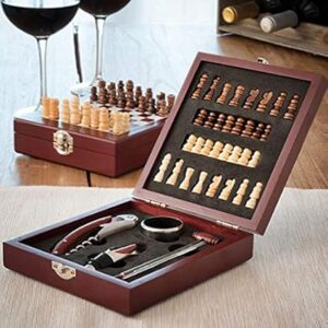 set de vino en caja de madera con ajedrez y cuatro accesorios de acero inoxidable en allpublicidad.com.pe