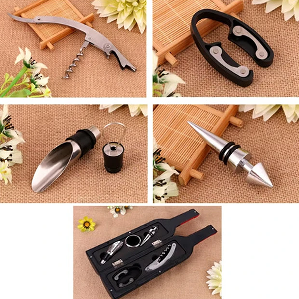 set de vino forma de botella de 5 piezas de acero inoxidable en allpublicidad.com.pe