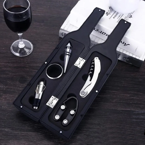 set de vino forma de botella de 5 piezas de acero inoxidable en allpublicidad.com.pe