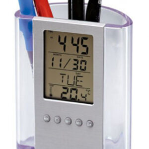 porta lapicero transparente con reloj