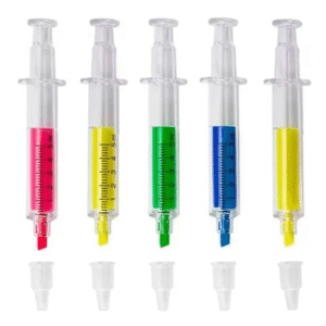 resaltador jeringa en colores: Rosado, amarillo, azul y verde