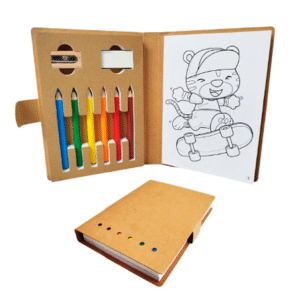 libreta para colorear con lapices de colores, borrador y tajador