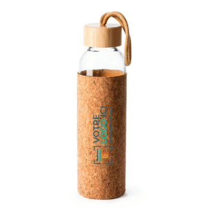 tomatodo de vidrio con recubierto de corcho, tapa de madera bambu y sujetador mini lanyard